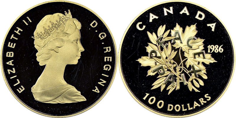 100 долларов Канады 1986 года «Международный год мира»