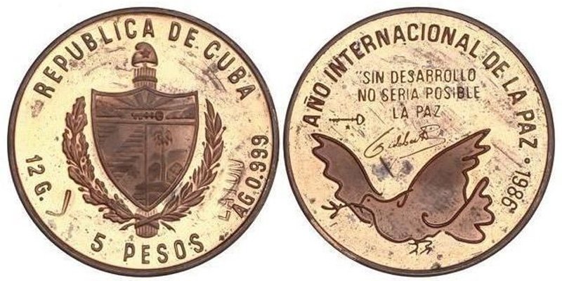 5 песо 1986 года «Международный год мира» (медно-цинковый сплав)