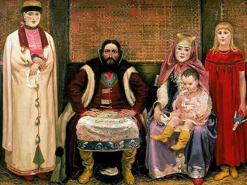Патриархальная семья русского купца на картине 1896 г.