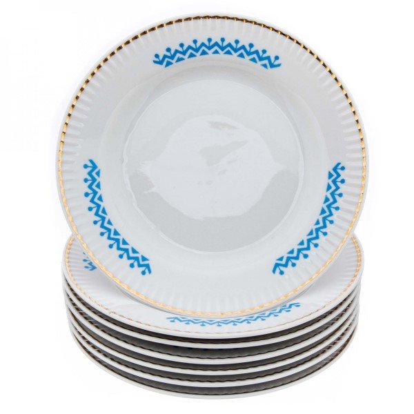 Набор десертных тарелок с геометрическим декором на 7 персон, фарфор, деколь, золочение, 1971-1991 гг.