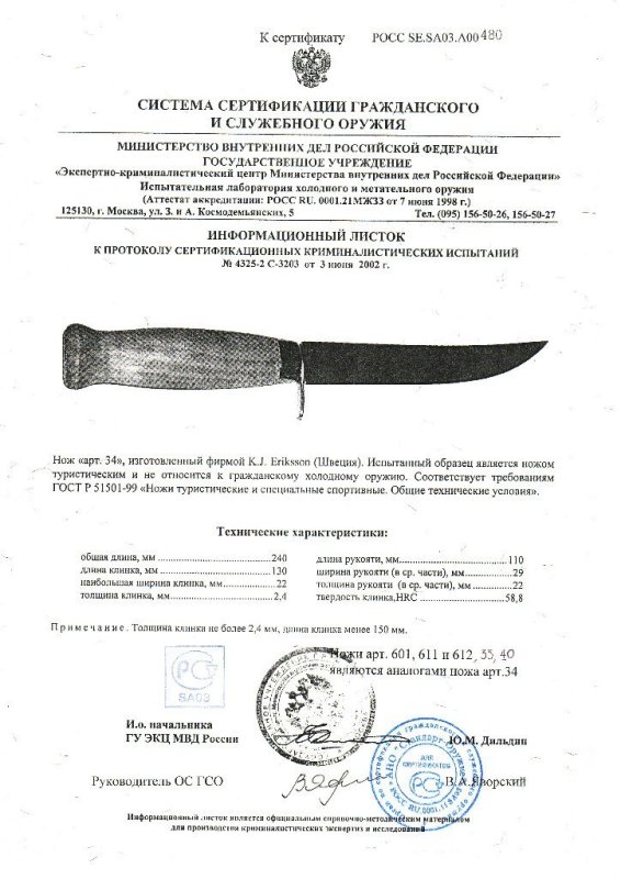 Нож нескладной KJ Eriksson «34»