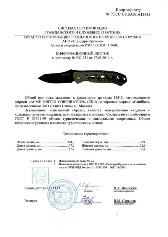 Нож складной с фиксатором ACME торговой марки Camillus «18513»