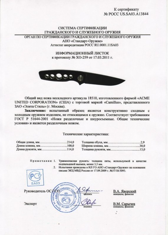 Нож нескладной ACME торговой марки Camillus «18510»