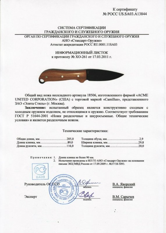 Нож нескладной ACME торговой марки Camillus «18506»