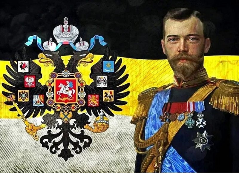 Император Николай II на фоне флага Российской империи. Современный рисунок