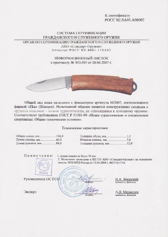 Нож складной с фиксатором EKA «603007»