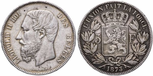 Серебряные 5 франков, Бельгия, 1873 год