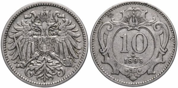 Никелевая монета 10 геллеров, Австро-Венгрия, 1895 год
