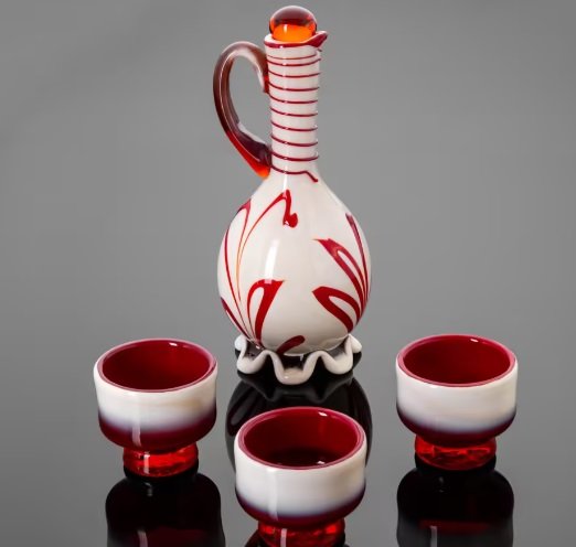 Набор из графина и трёх стаканов оригинальной формы в красно-белой гамме (1960-1980 гг.)