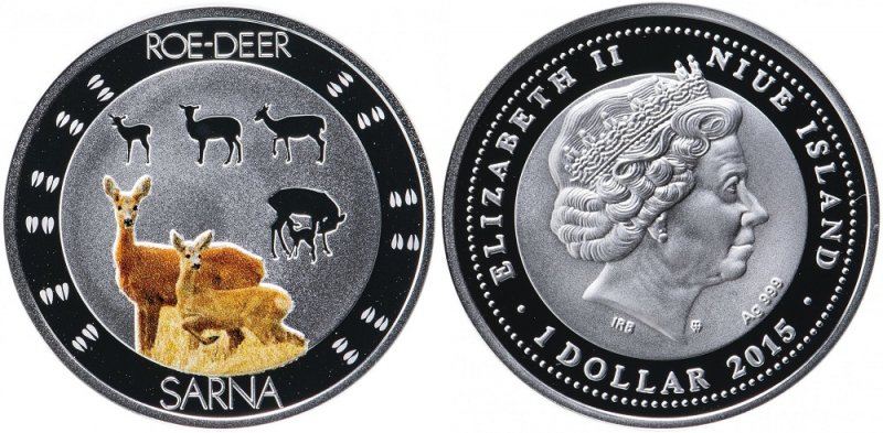 Монета Ниуэ с изображением косуль