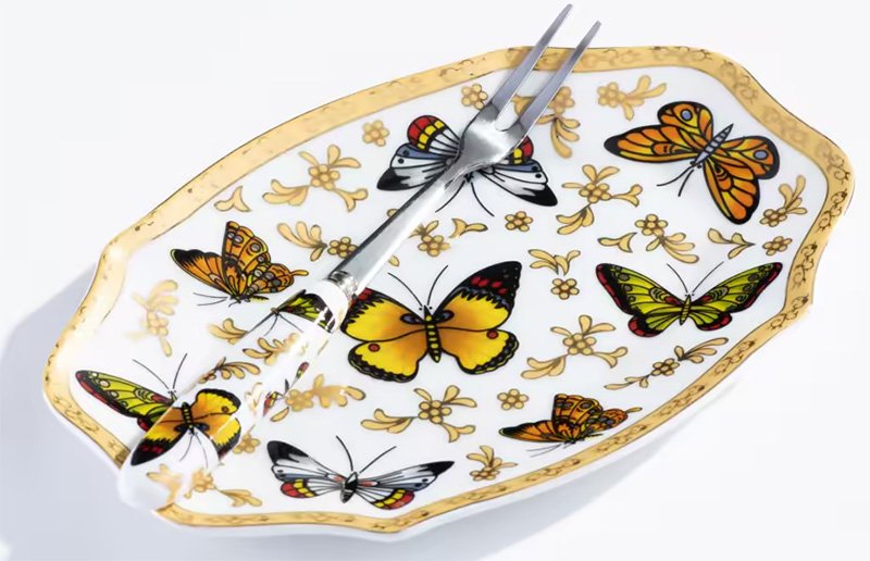 Набор из миниатюрной тарелки и вилки для лимона с изображением бабочек и цветов