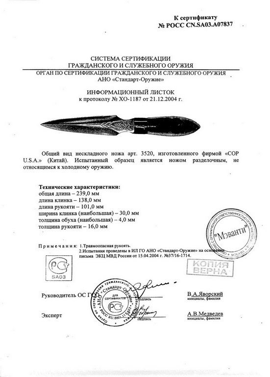 Нож нескладной COP U.S.A. 3520
