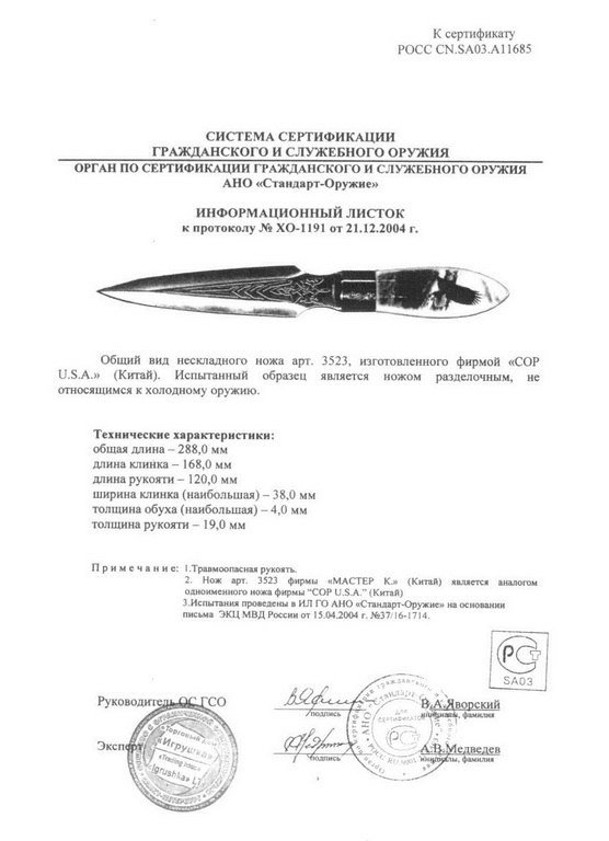 Нож нескладной COP U.S.A. 3523