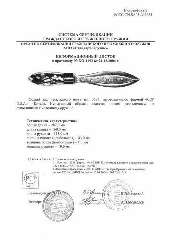 Нож нескладной COP U.S.A. 3524