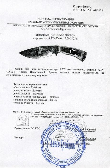 Нож нескладной COP U.S.A. 8202