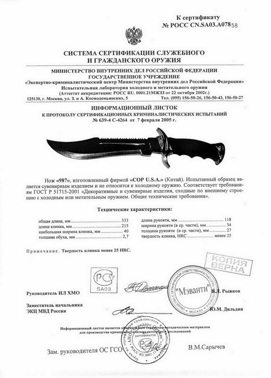 Нож нескладной COP U.S.A. 987