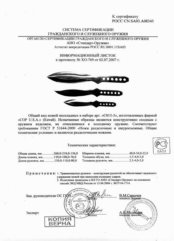Набор нескладных ножей COP U.S.A. C015-3