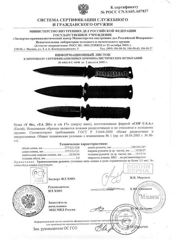 Ножи нескладные COP U.S.A. Y06, YA201 и A17