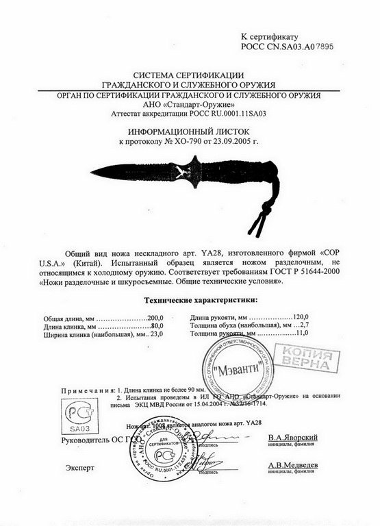 Нож нескладной COP U.S.A. YA28