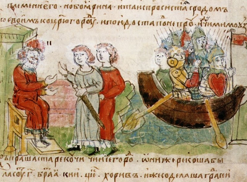 Рюрик разрешает Аскольду и Диру отправиться на Царьград. Миниатюра из летописи 1450 г.