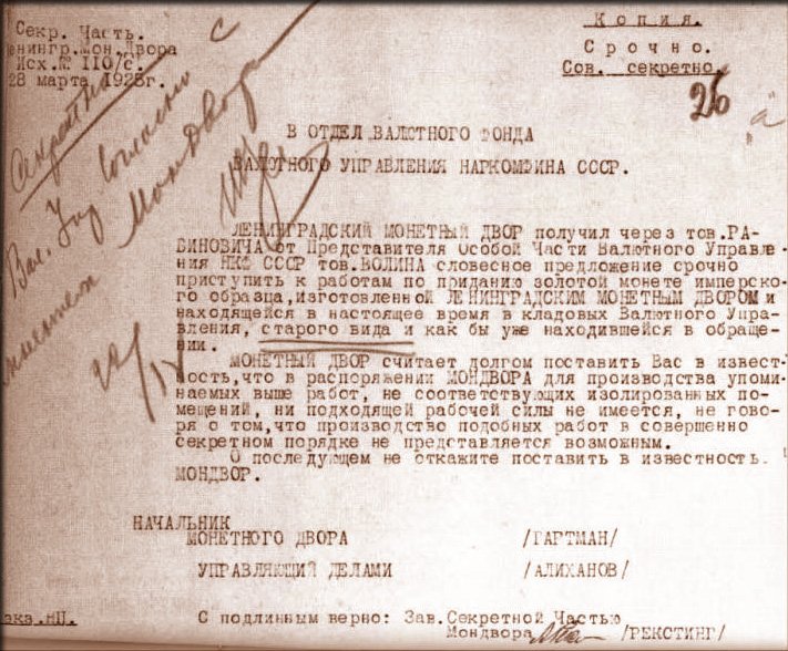 Выпуск золотых монет Николая II на Ленинградском монетном дворе