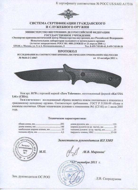 Нож нескладной Zero Tolerance (ZT) 0170