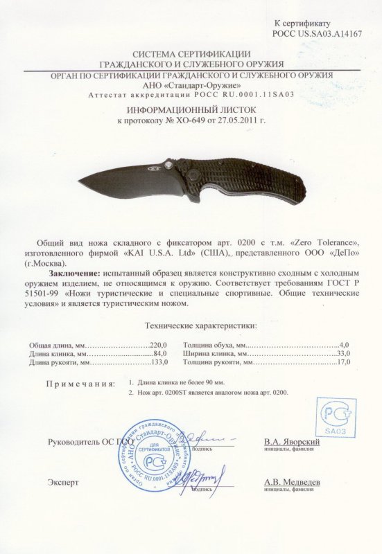 Нож складной с фиксатором Zero Tolerance (ZT) 0200