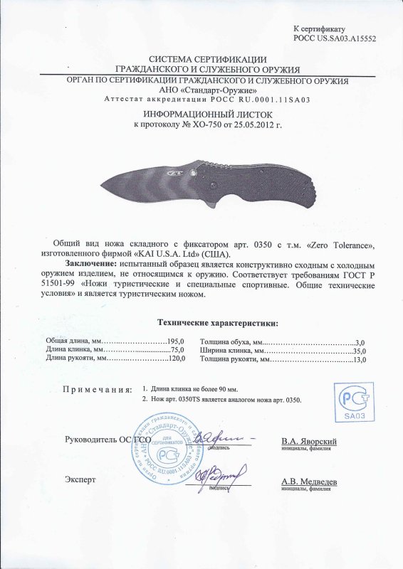 Нож складной с фиксатором Zero Tolerance (ZT) 0350 (0350TS)