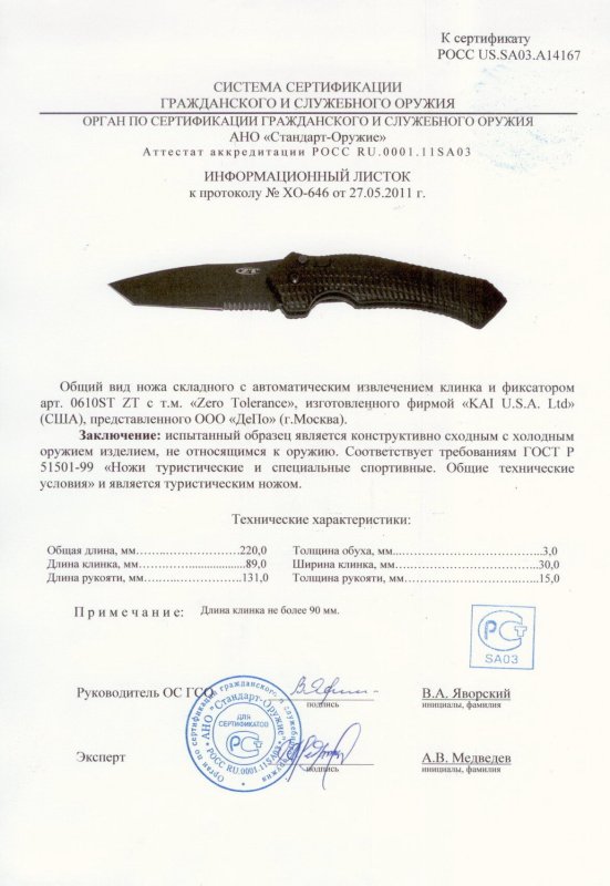 Нож с автоматическим извлечением клинка Zero Tolerance (ZT) 0610ST