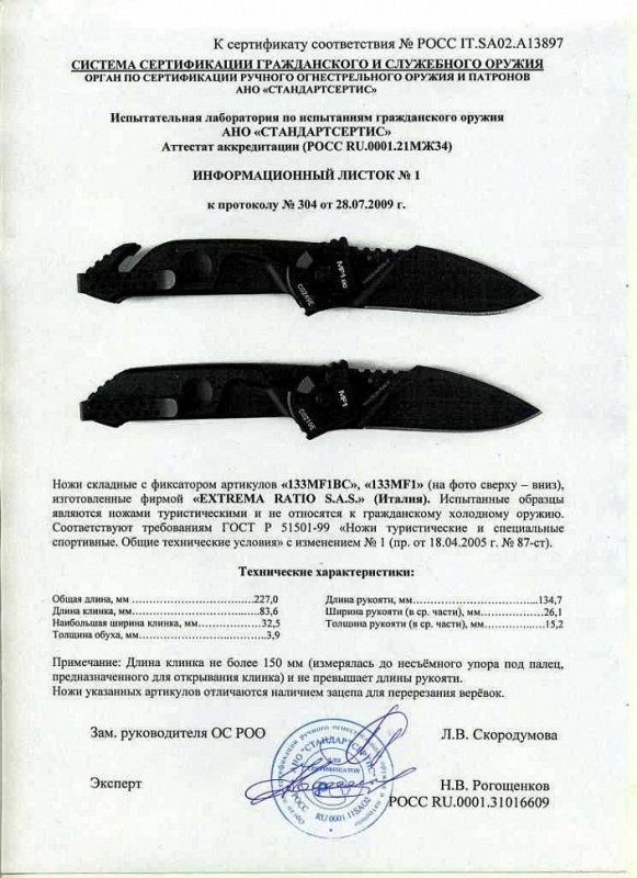 Ножи складные с фиксатором Extrema Ratio «133MFIBC» и «133MF1»