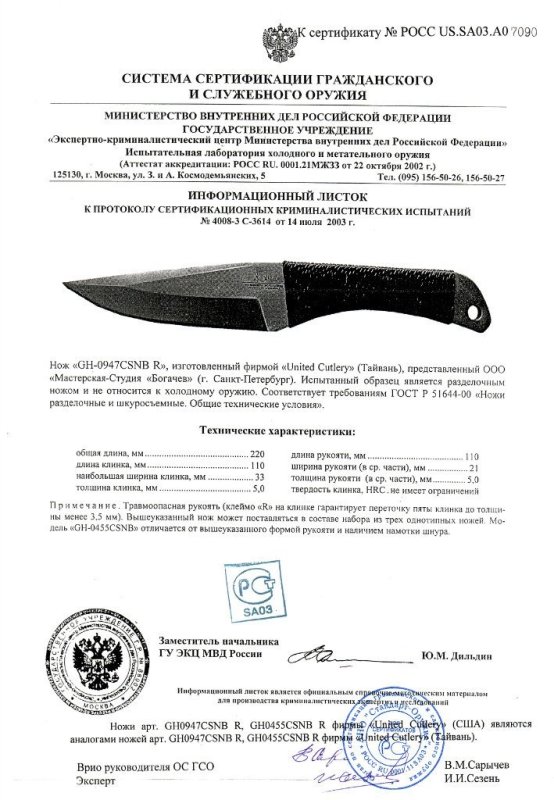 Нож нескладной United Cutlery GH-0947CSNB R