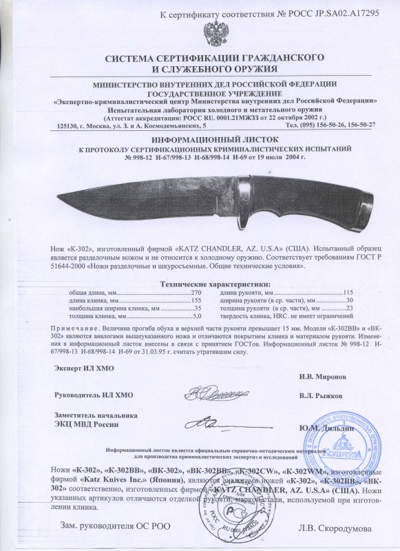 Ножи нескладные Katz «К-302» («К-302ВВ», «ВК-302», «ВК-302ВВ», «К-302CW», «К-302WM»)