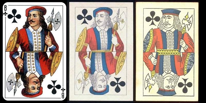 Слева направо: валет высшего сорта, валет 1-го сорта, валет 2-го сорта из атласной колоды