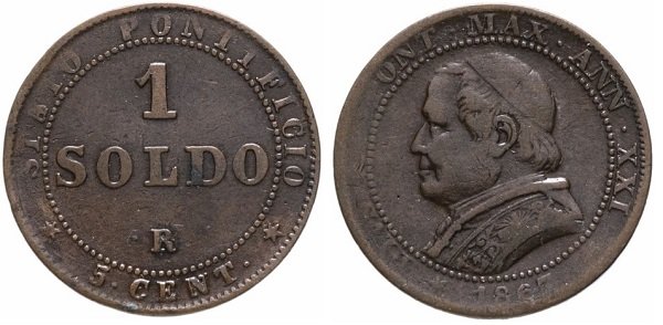 1 сольдо. Папская область. Пий IX (1846-1878 гг.). 1867 год. Медь, 5 г. Римский монетный двор