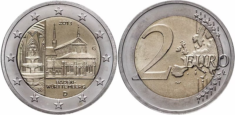 2 евро 2013 года «Монастырь Маульбронн, Баден-Вюртемберг»