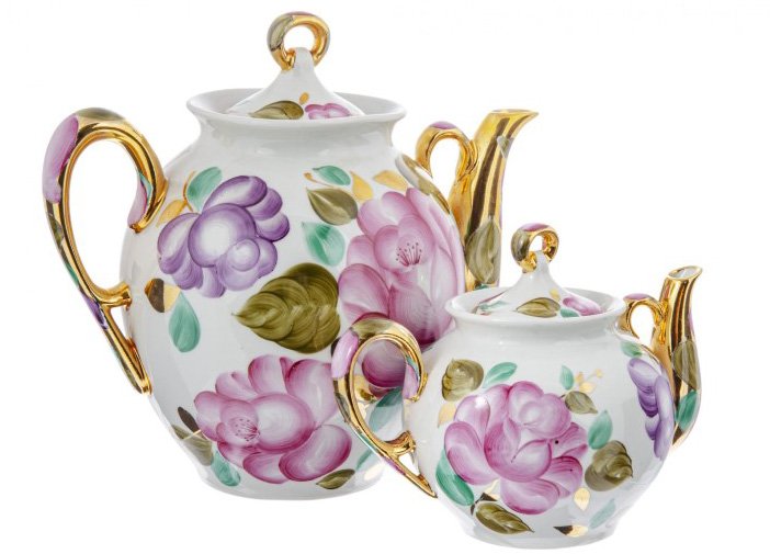 Набор из двух чайников с цветочным декором, фарфор, ручная роспись, золочение, 1977-1991 гг.