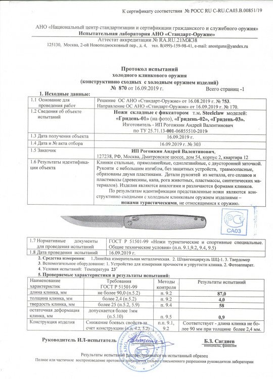 Нож складной с фиксатором Steelclaw Гридень-01 (Гридень-02, Гридень-03)