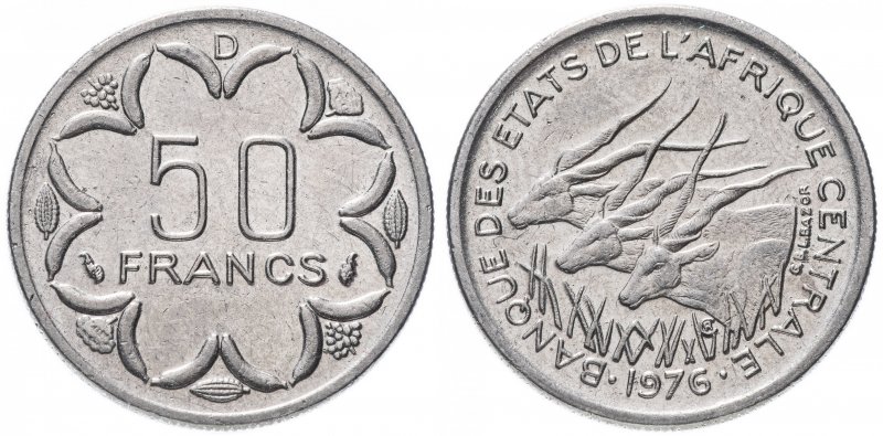 50 центральноафриканских франков 1976 года с изображением антилоп