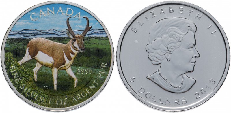 Канадская серебряная монета с изображением антилопы