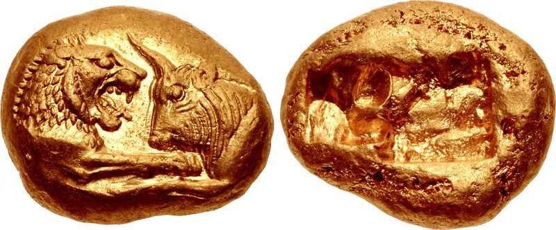 Лидийская золотая монета Крёза, 561-546 гг. до н.э., статер тяжёлого типа (10,76 г), монетный двор Сардиса