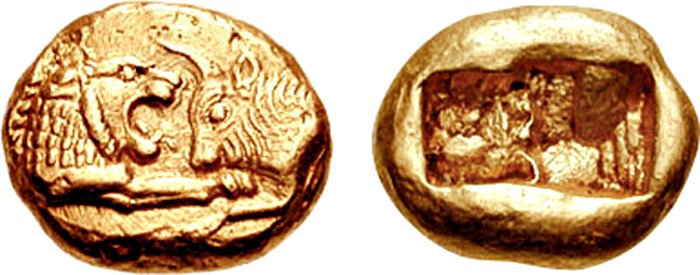 Лидийская золотая монета Крёза, ок. 550 г. до н.э., статер лёгкого типа (8,07 г), монетный двор Сардиса