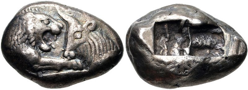 Лидийская серебряная монета Крёза, 560-546 гг. до н.э., 10,7 г, монетный двор Сардиса