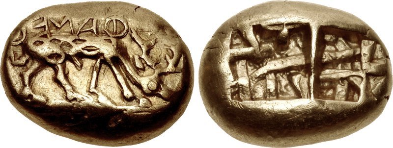 Монета из электрума, Эфес, 625-600 гг. до н.э. Аверс: Пасущийся олень, надпись «ΦΑΝΕΩΣ»