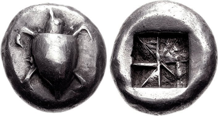 Серебряный статер Эгины с морской черепахой на аверсе (550-530 гг. до н.э.)