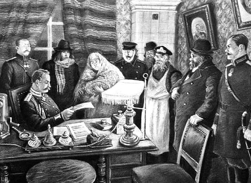 Жандармский офицер допрашивает свидетелей в 1910-е гг. Современная картина
