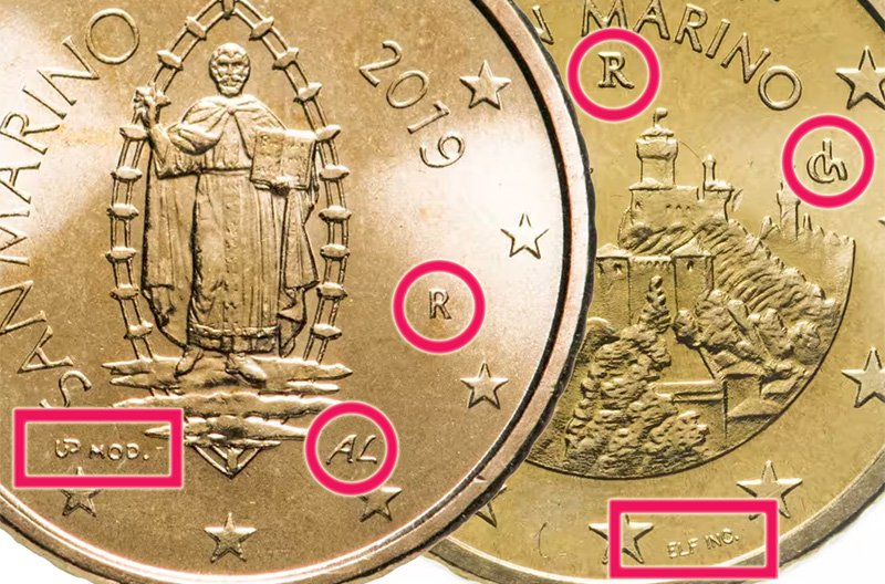 Знаки мон. двора, художника и гравёра на монетах Сан-Марино второй (слева) и первой серий