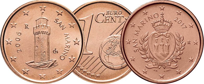 1 евроцент Сан-Марино первой (слева) и второй серий