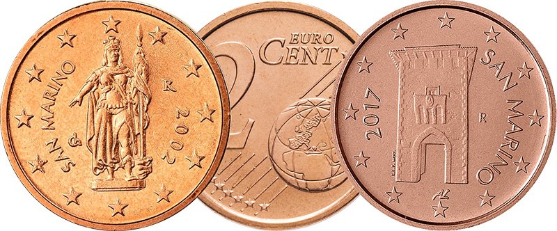 2 евроцента Сан-Марино первой (слева) и второй серий