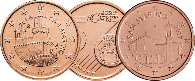 5 евроцентов Сан-Марино первой (слева) и второй серий