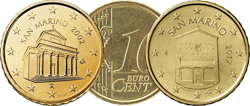 10 евроцентов Сан-Марино первой (слева) и второй серий